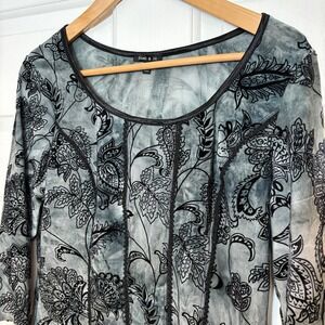 Y2K Whimsygoth Womens M Gray Black Paisley Velvet Flocked 3/4 Sleeve Blouse Top